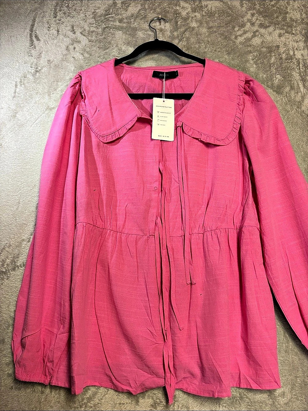 ZESICA Women's Ruffle Peter Pan Collar Tie Front Babydoll Blouse Pink NWT